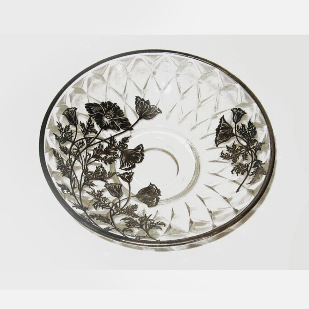 Vintage Cut Glass Bowl with Silver Floral Overlay